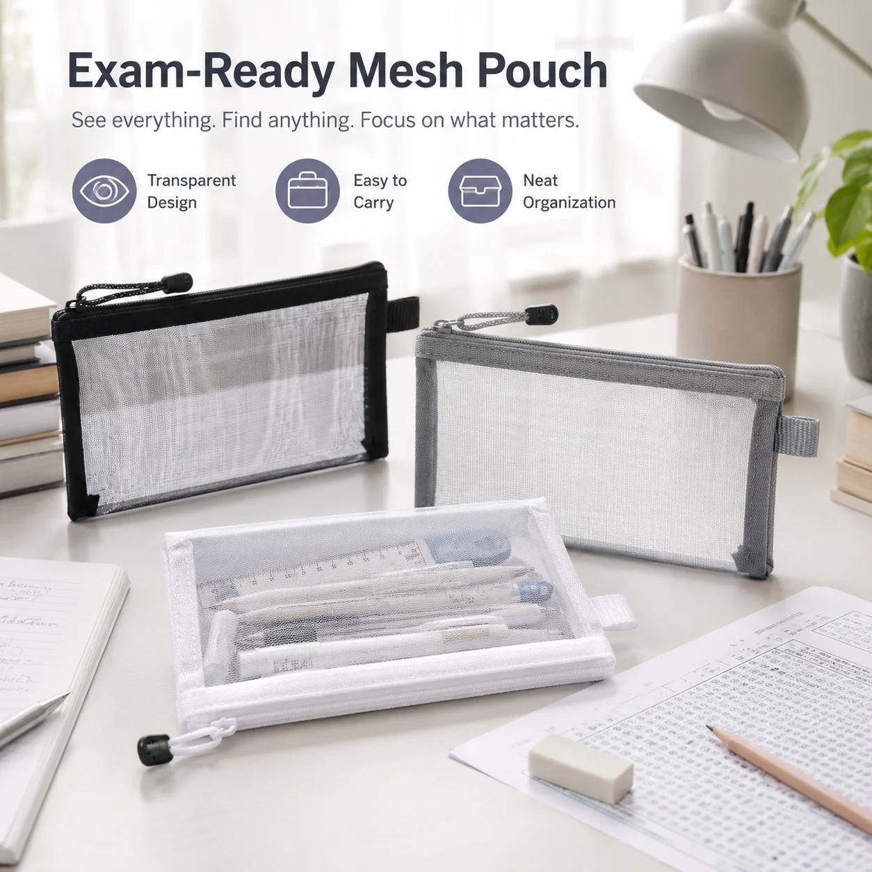 Clear Mesh Pencil Pouch For Exam - Tas Pena Jaring Transparan dengan Ritsleting,